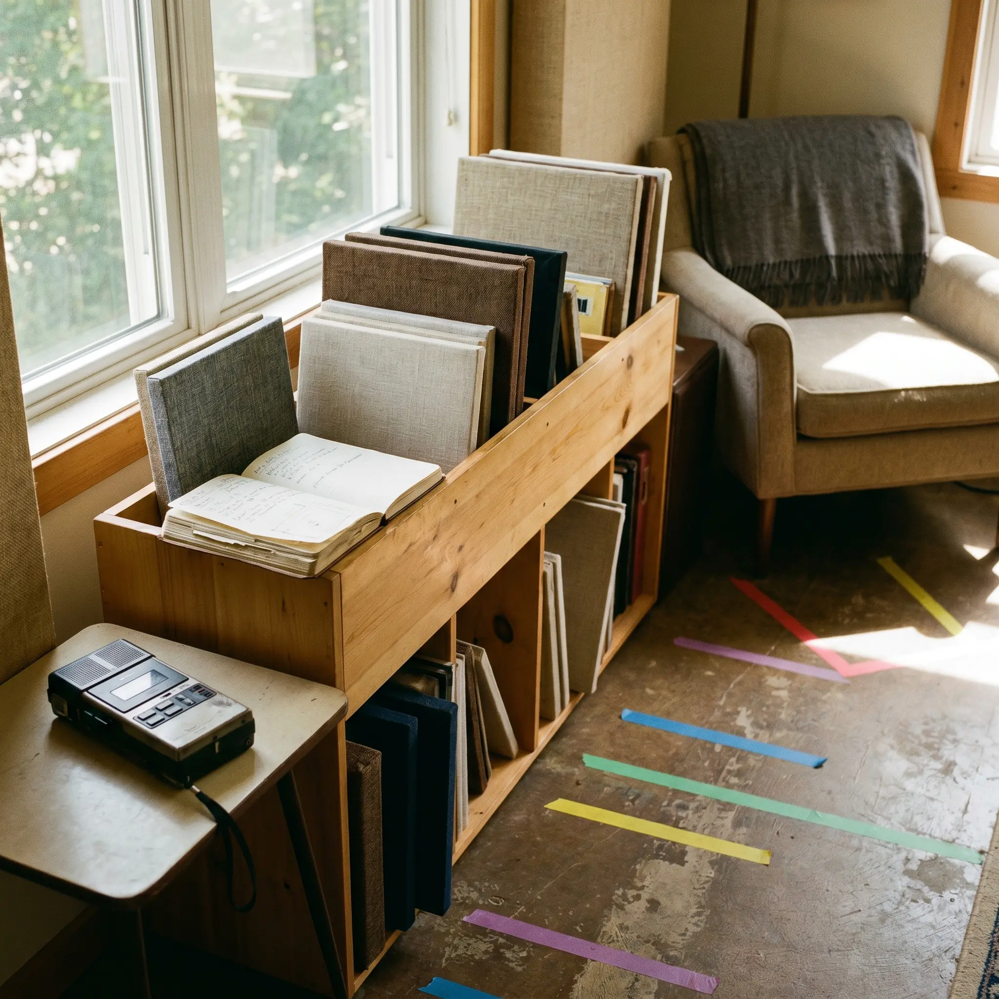 Shelves of acoustic samples, field notebook, and a recorder in a daylight studio corner