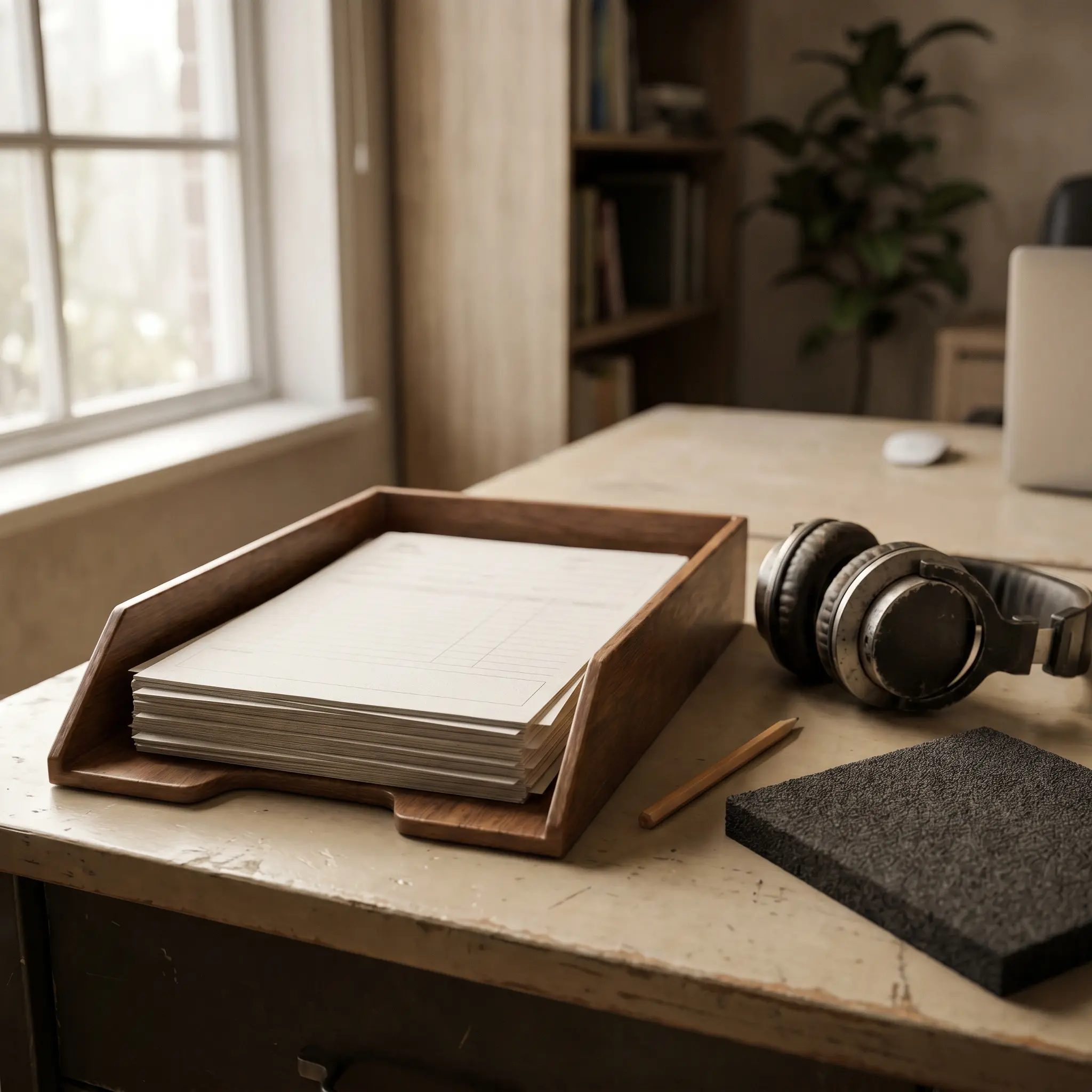 A tray with blank forms, headphones, pencil, and acoustic foam sample