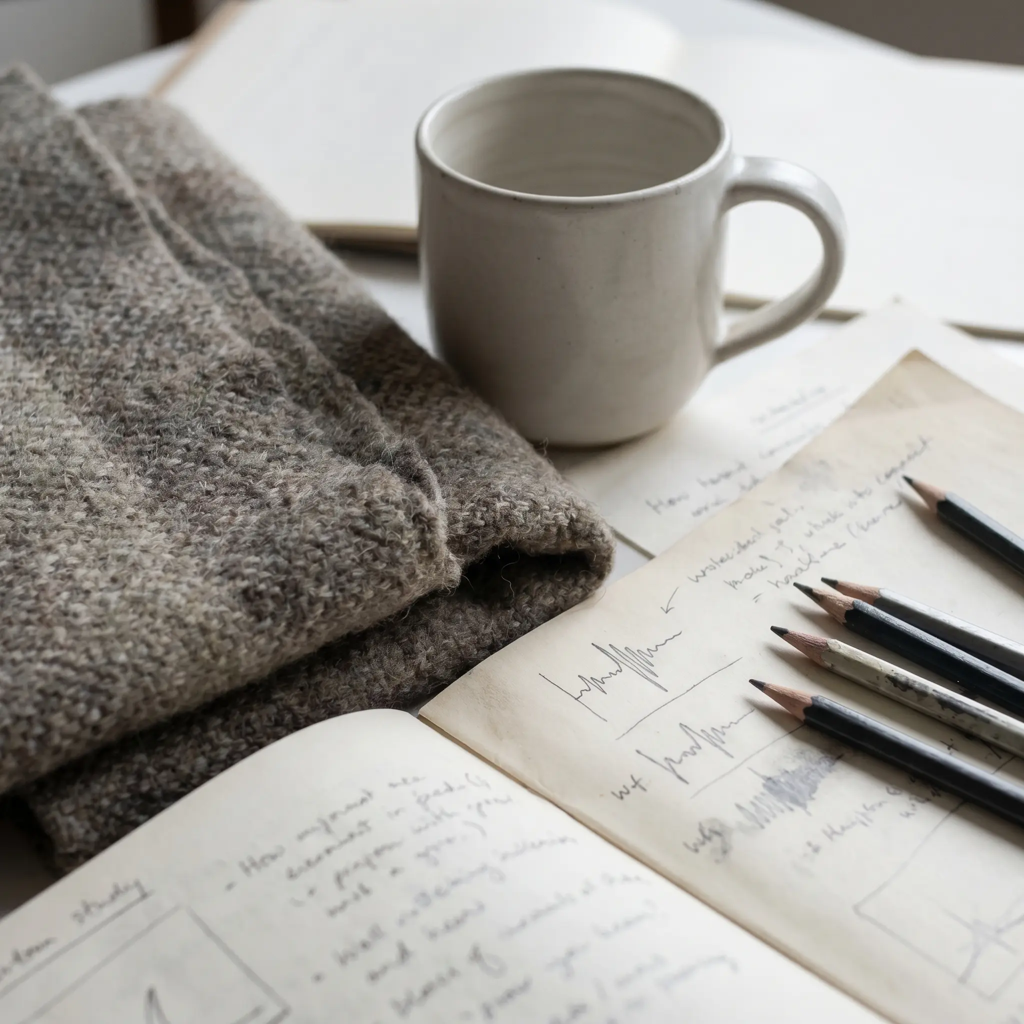 A close study of acoustic textile, pencil notes, and waveform sketches