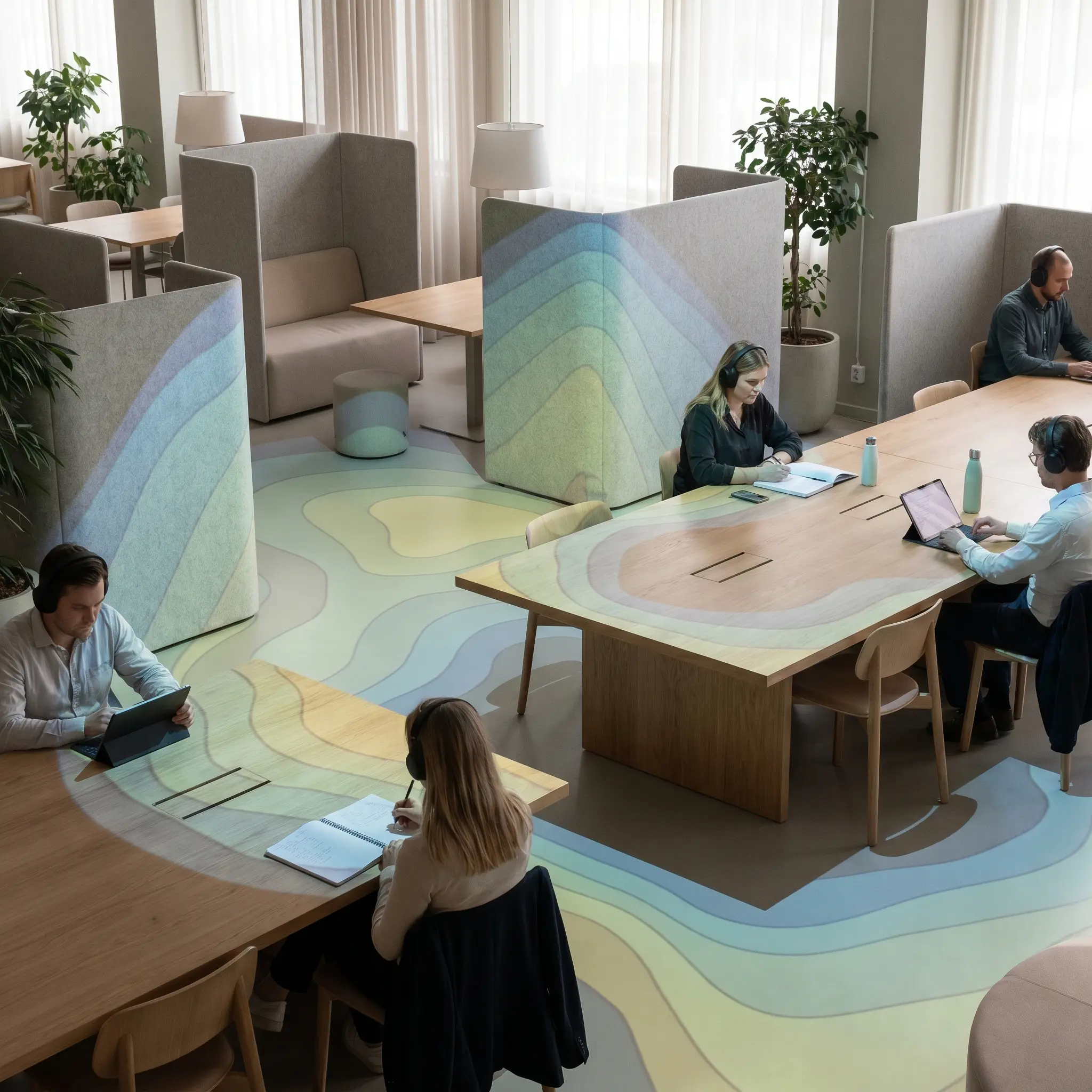 A shared workspace with transparent acoustic zones and soft partitions